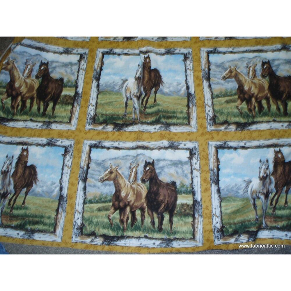 Running Wild horses blocks panel gold fabric